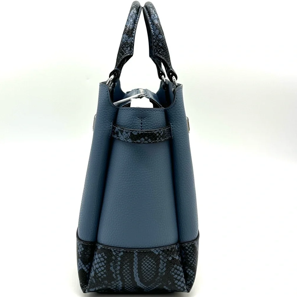 Michael Kors Large Reed Leather Belted Satchel Crossbody Bag Blue Snakeskin